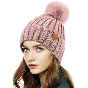 Women's Winter Dark Pink Beanie Fleece Lined Skull Faux Fur Pom Cuff Hat Cap